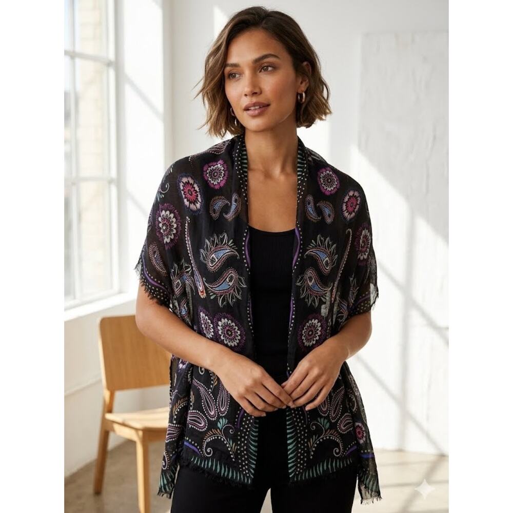 Vera Bradley Lightweight Scarf Black Floral Multi-Colored Paisley Print Wrap
